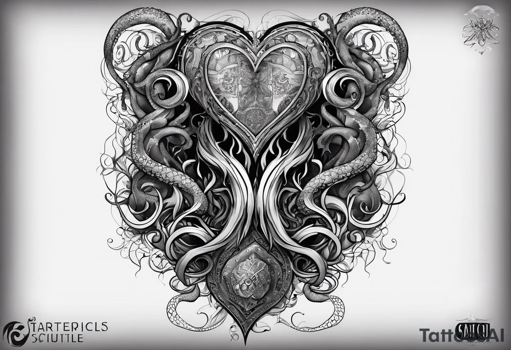 Long tattoo for forearm. Lovecraftian creature, with technological elements. Tentacles protect a heart. tattoo idea