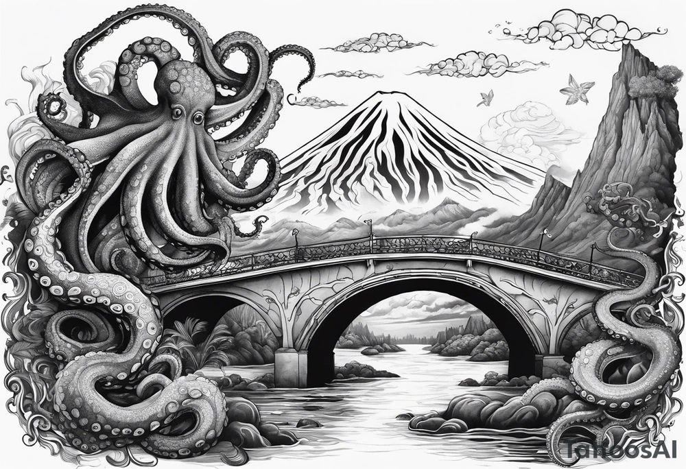 Octopus attacking a bridge with volcano in background tattoo idea