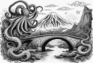 Octopus attacking a bridge with volcano in background tattoo idea