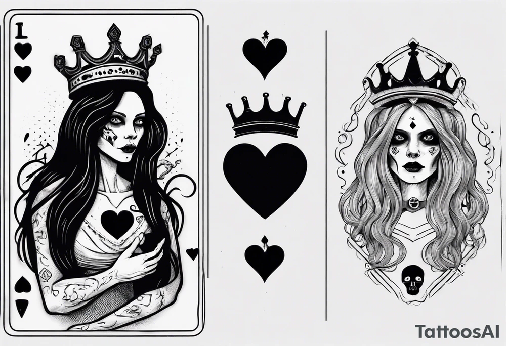 creepy queen of hearts card, queen with long hair, blank eyes and holding a skull tattoo idea