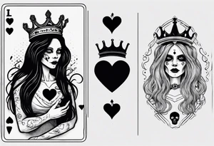 creepy queen of hearts card, queen with long hair, blank eyes and holding a skull tattoo idea