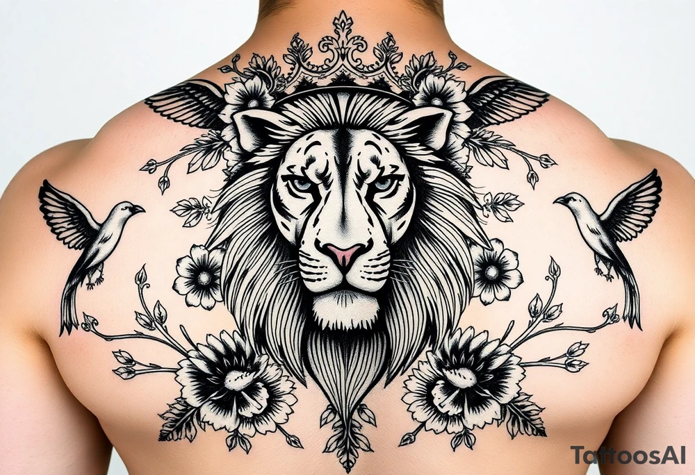 powerful majestic lion with a crown, surrounded by floral ornaments and birds tattoo idea