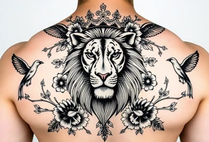 powerful majestic lion with a crown, surrounded by floral ornaments and birds tattoo idea