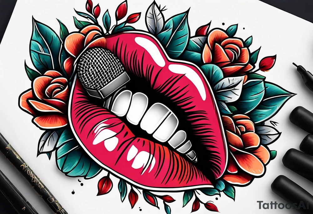 vintage lips near microphone traditional flowers no cut off tattoo idea