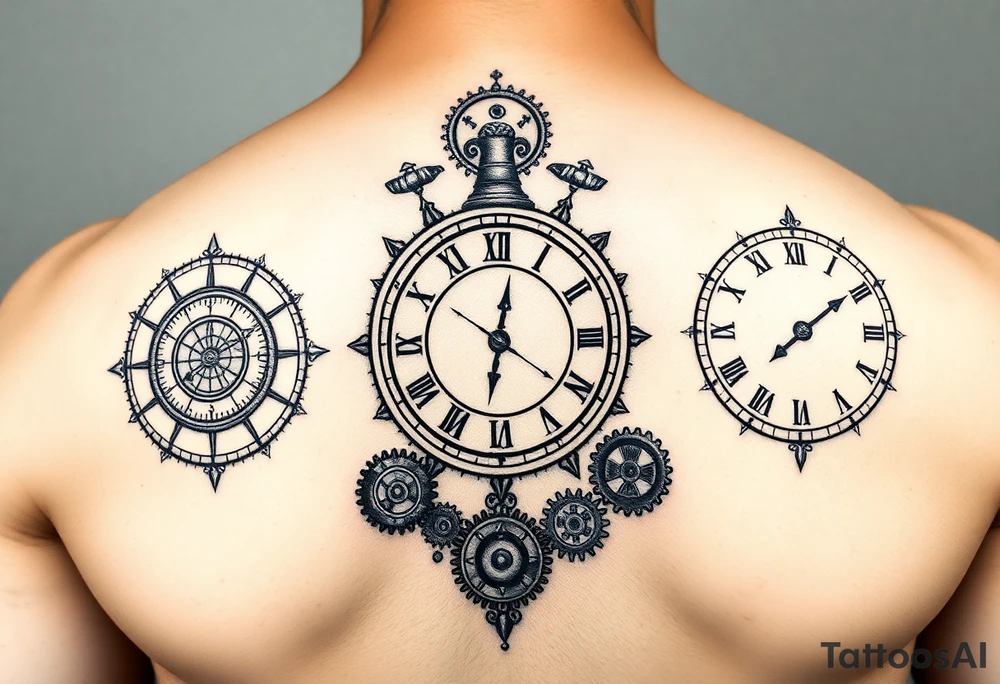 3 clocks with different times. Clock cogs and gears. Libra, Gemini and cancer star signs included in a half sleeve tattoo tattoo idea