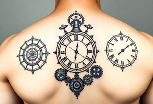 3 clocks with different times. Clock cogs and gears. Libra, Gemini and cancer star signs included in a half sleeve tattoo tattoo idea