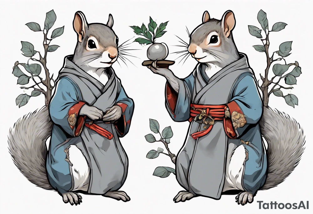a grey squirrel dressed in a medieval tunic holding a silver tree branch tattoo idea