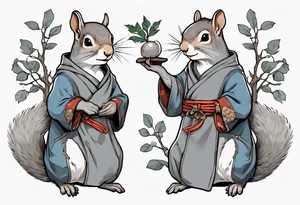 a grey squirrel dressed in a medieval tunic holding a silver tree branch tattoo idea
