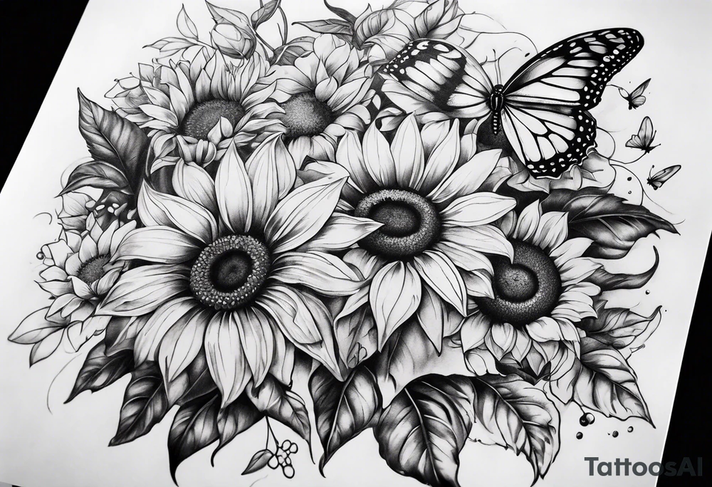 Leg sleeve with sunflowers and butterflies tattoo idea