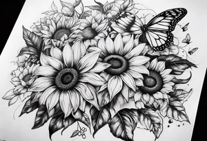 Leg sleeve with sunflowers and butterflies tattoo idea