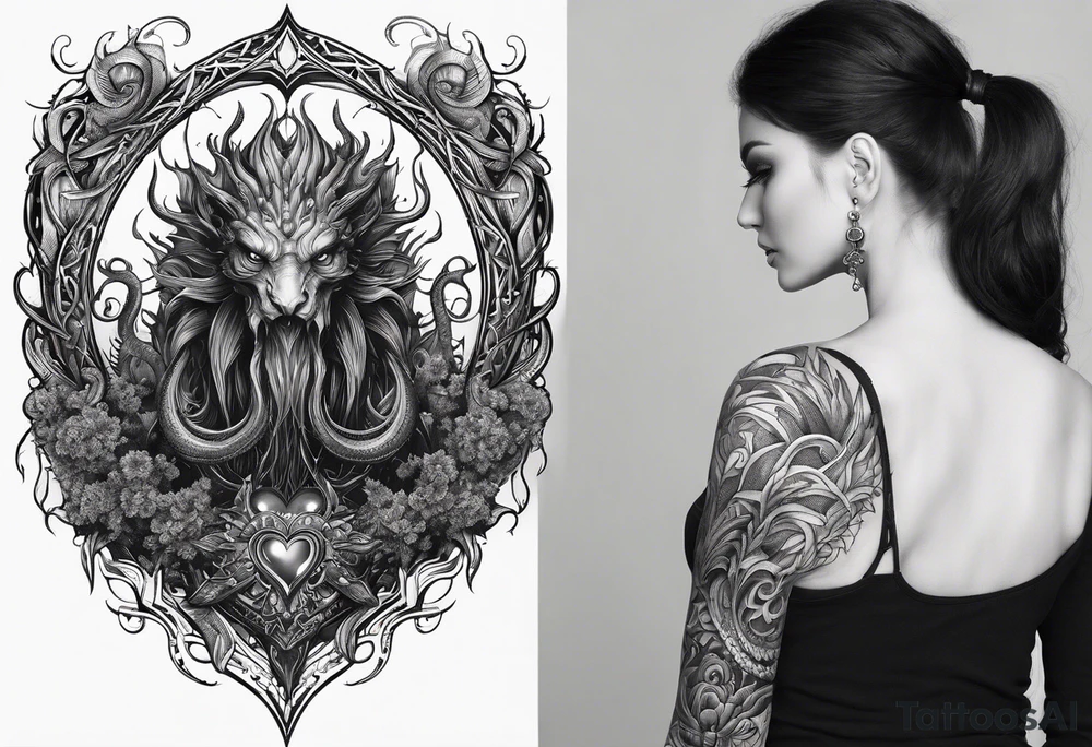 Vertical full sleeve. Lovecraftian creature, protecting a heart. tattoo idea Vertical full sleeve. Lovecraftian creature, protecting a heart. tattoo idea