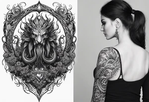 Vertical full sleeve. Lovecraftian creature, protecting a heart. tattoo idea