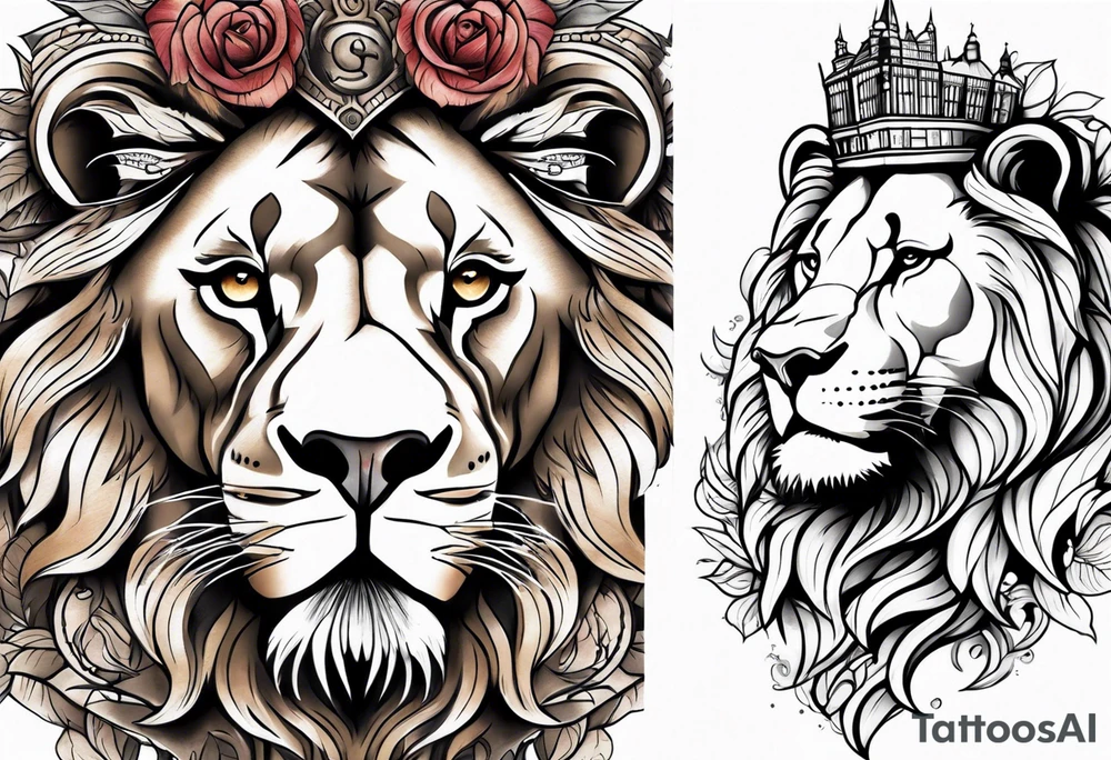 a lion rose and Big Ben hand tattoo tattoo idea