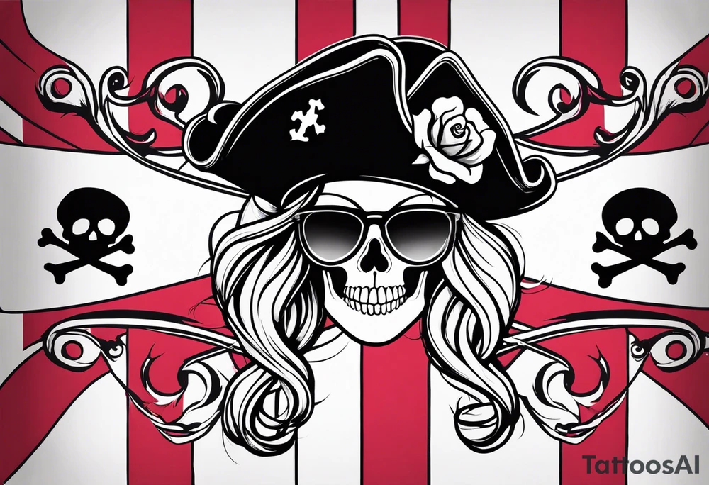 create a pirate flag with a feminine skull with two blonde pigtails and crossbones  wearing glasses tattoo idea