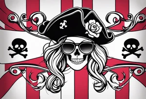 create a pirate flag with a feminine skull with two blonde pigtails and crossbones  wearing glasses tattoo idea