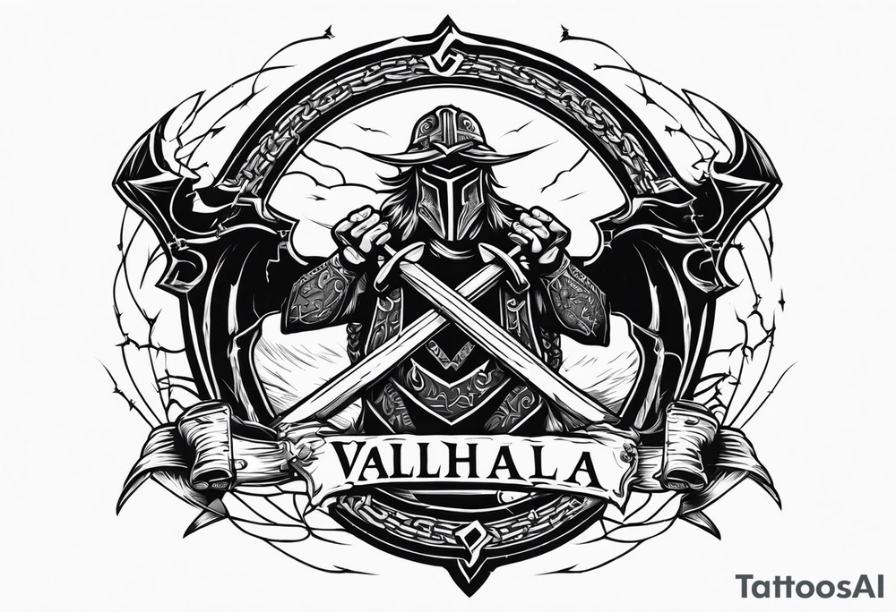 Valhalla sword round
shield axe barbed wire chains dark cloud lightning tattoo idea