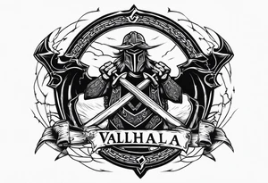 Valhalla sword round 
shield axe barbed wire chains dark cloud lightning tattoo idea