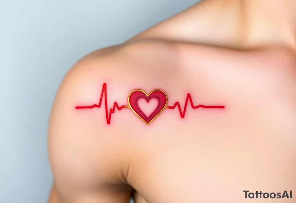 A heartbeat line forming a heart in the center, in glowing red and soft golden hues, symbolizing an unbreakable love tattoo idea