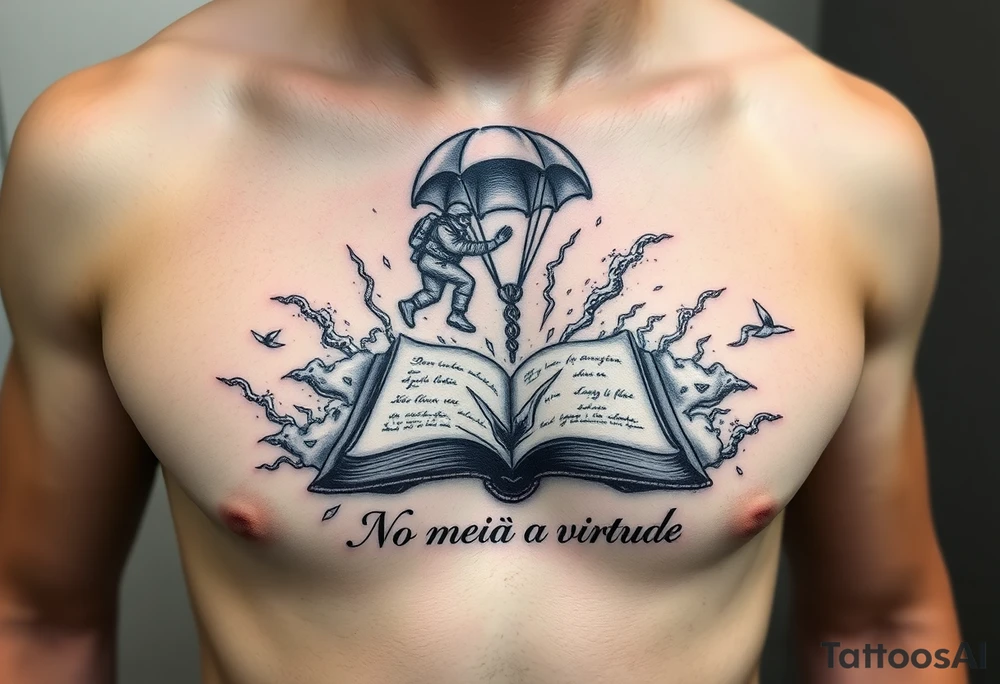 A parachuting soldier landing into an open book. Chaos surrounding, but the book is protecting the soldier from it. On the chest. Make the tattoo smaller. Make it thought provoking. "No meio esta a virtude" underneath the book. Make the chaos in the environment be a thunderstorm tattoo idea