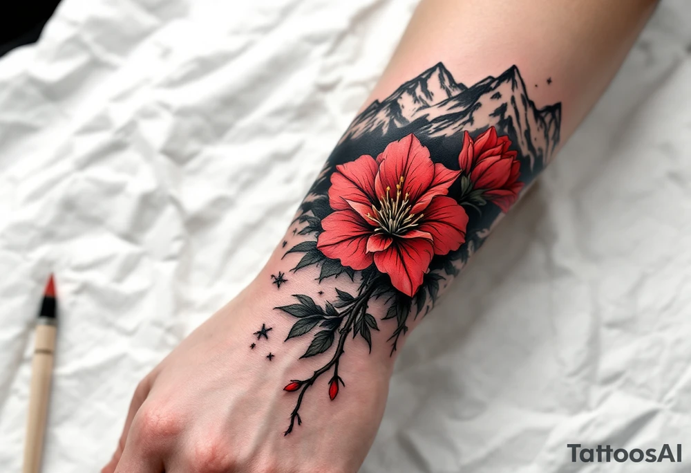 wrap around entire wrist red  and black rhododendron trippy with Himalayas behind tattoo idea