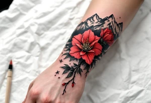 wrap around entire wrist red  and black rhododendron trippy with Himalayas behind tattoo idea