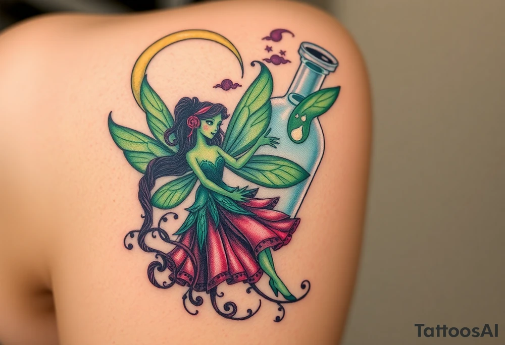Tim Burton’s kelly doty pin up style Vintage Parisian elegant and hauntingly beautiful yet eerie full body absinthe Green Fairy dances outside her victorian crystal decatur she was once inside this elaborate ornate bottle absinthe bottle Absinthe Art Nouveau   and dripping with muted reds, dusty pinks, and eerie green glow.purple and cyan smokey clouds swirl in the crescent moonlit sky thats sprinkled with stars tattoo idea