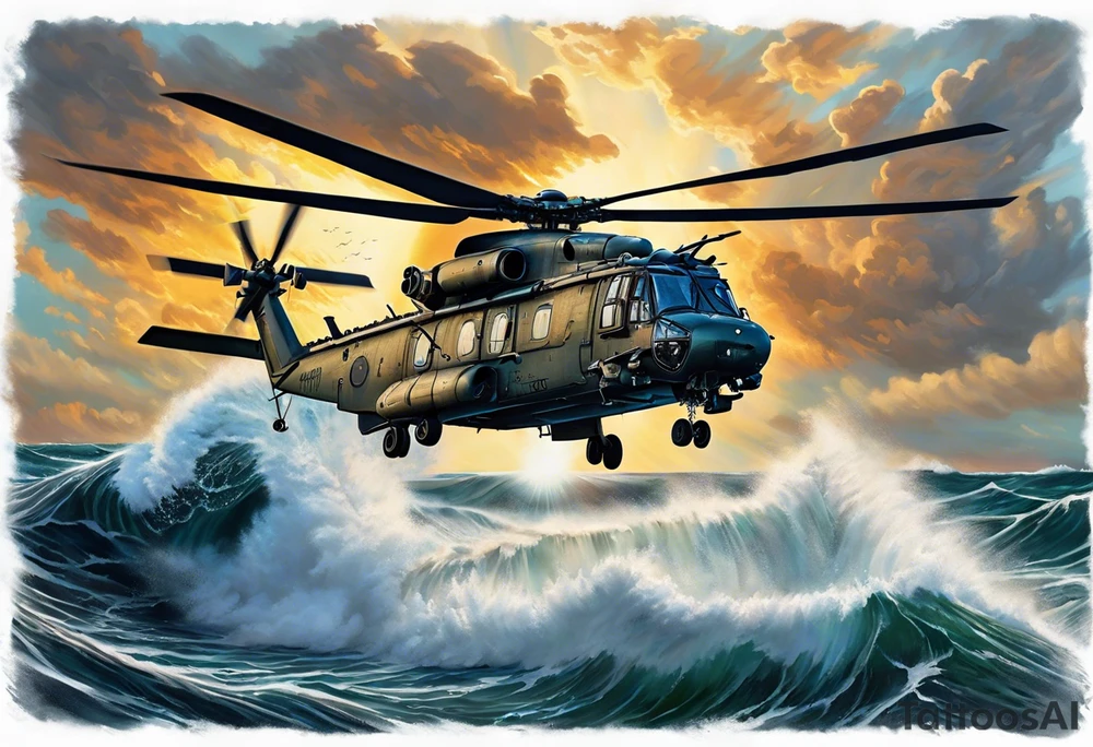 A cinematic-style tattoo depicting a Canadian military CH-148 Cyclone helicopter performing a daring maneuver over a turbulent ocean. The sky should be filled with dramatic clouds, and the sun should be setting, casting long shadows. The helicopter should be the main focus, with intricate details and a sense of motion tattoo idea