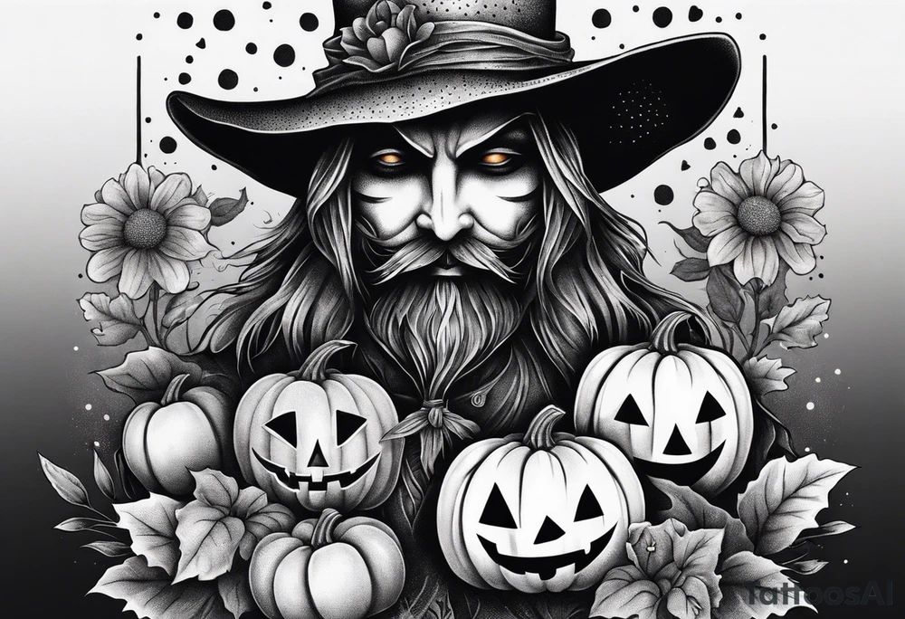 Scarecrow with pumpkins and flowers tattoo idea