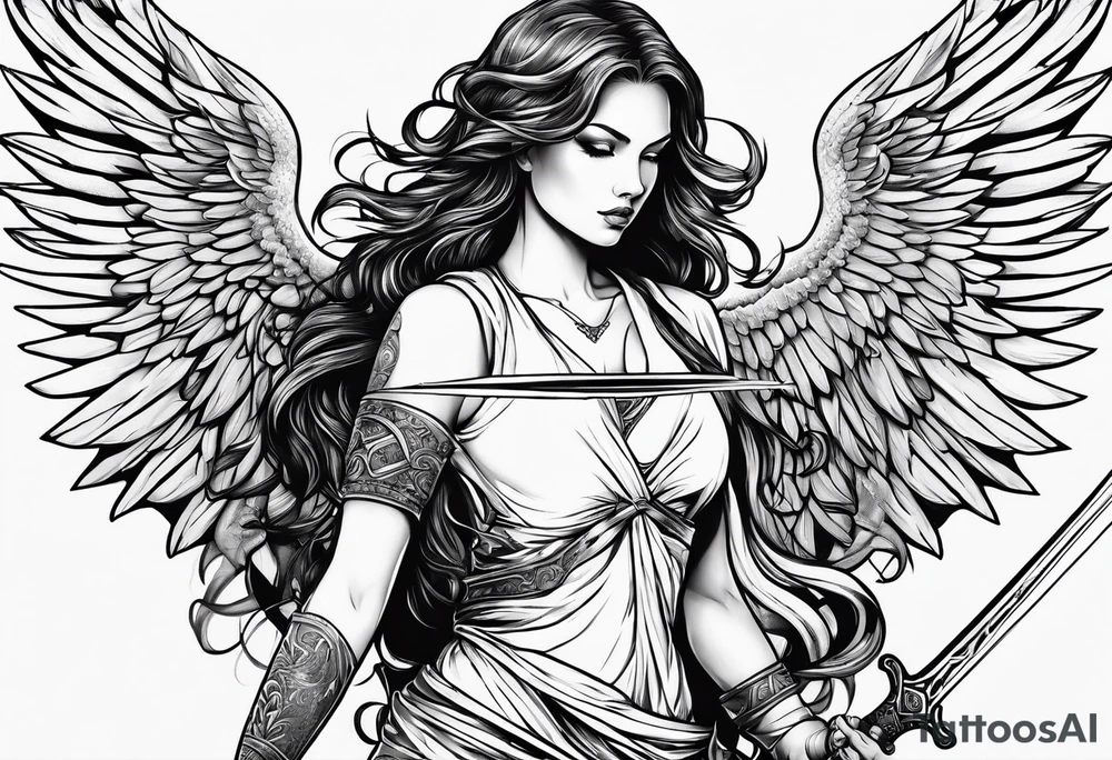 Female angel with sword and dominant tattoo idea