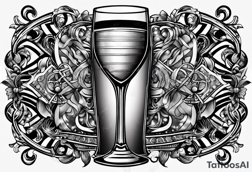 "Cheers Mate" black and grey ink armband, intricate, artistic +abstract +grey Cancer Ribbon +toasting bourbon glass tattoo idea