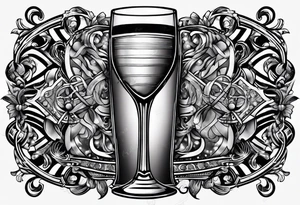 "Cheers Mate" black and grey ink armband, intricate, artistic +abstract +grey Cancer Ribbon +toasting bourbon glass tattoo idea