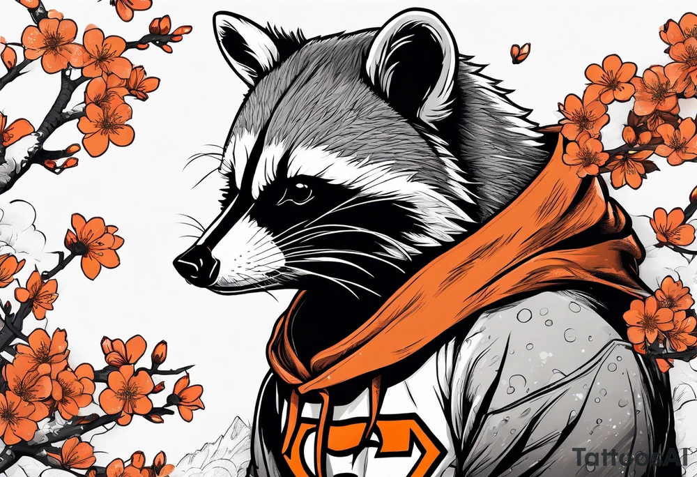 raccoon wearing a black and white Superman hoodie and orange Japanese cherry blossoms tattoo idea