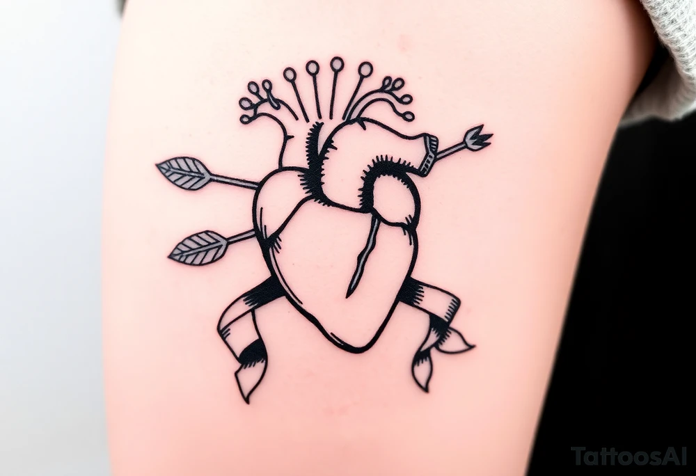 anatomical heart pierced by ornate arrow with flowing ribbons tattoo idea