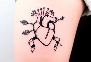 anatomical heart pierced by ornate arrow with flowing ribbons tattoo idea