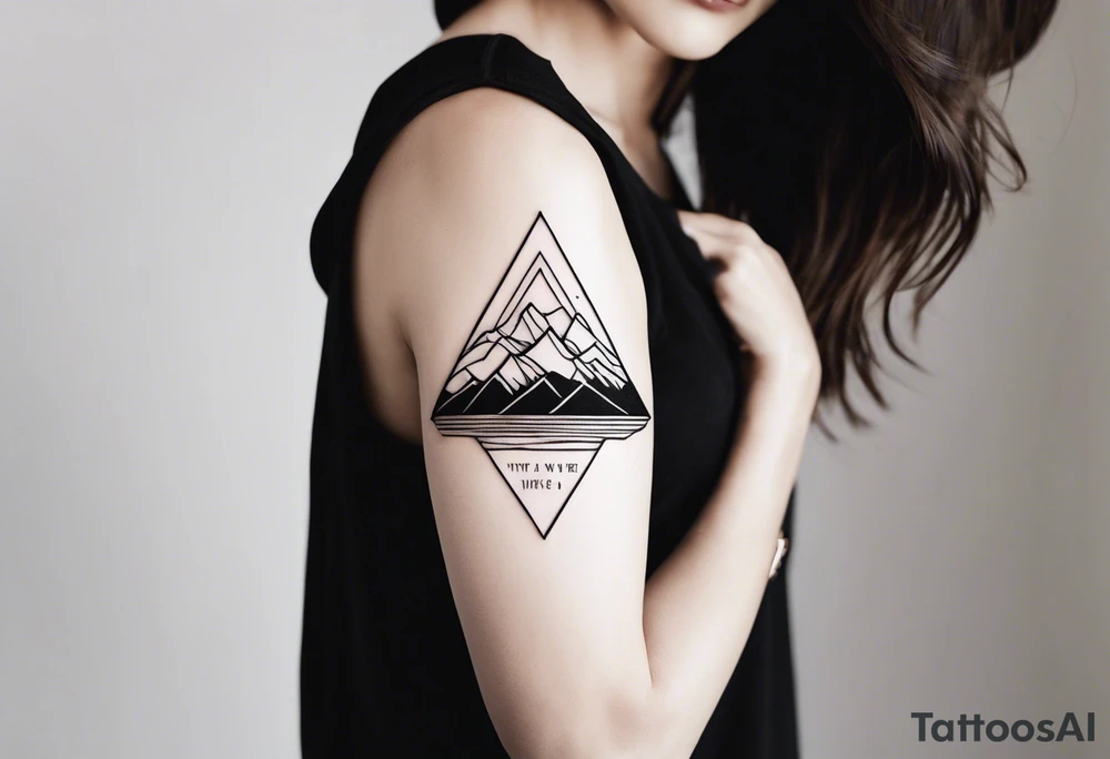 A simple tattoo with mountains and sun in fine line triangles with quote Memento Vivere tattoo idea