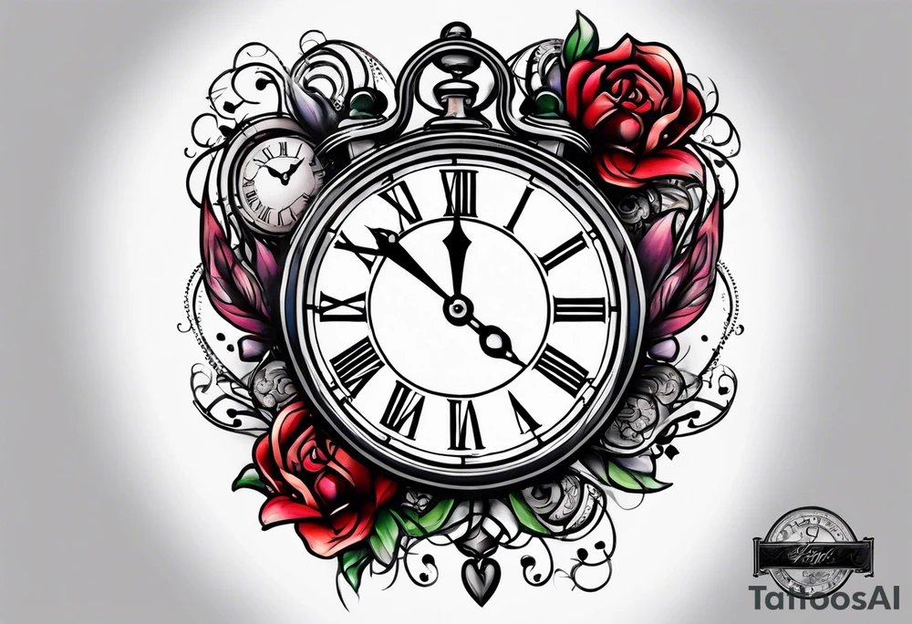 broken heart with clock in middle.
Clock hands on 8 and 5.
Never Say Never written on tattoo tattoo idea