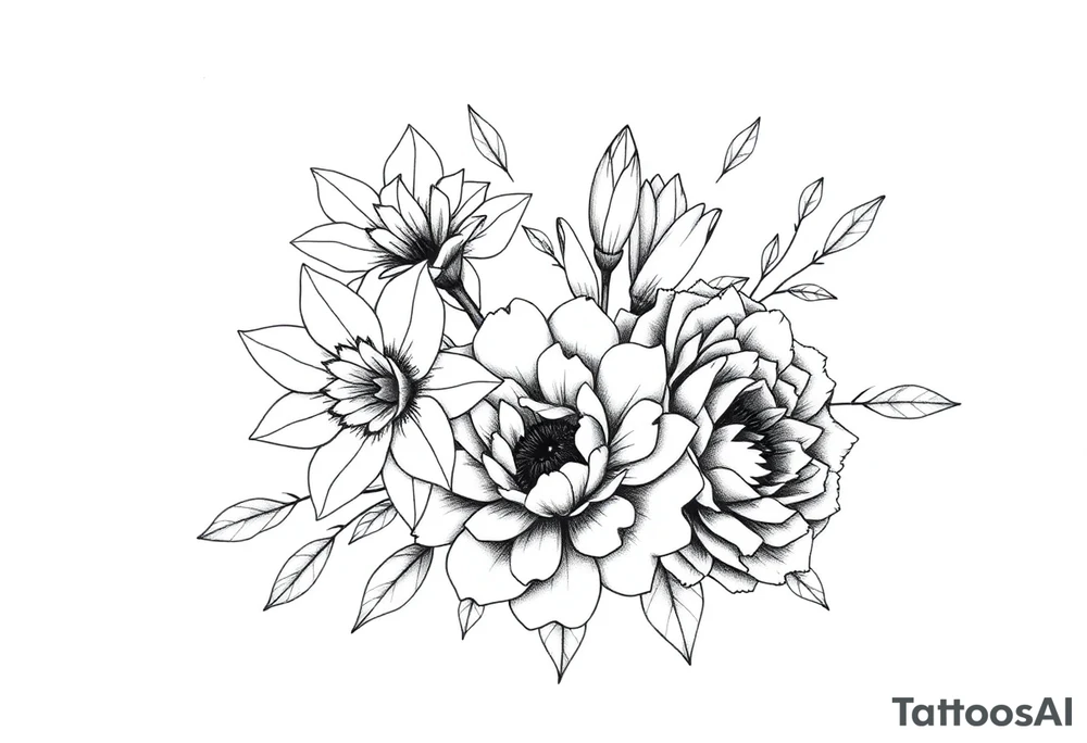 daffodils, jonquils, chrysanthemum and peony in a bouquet for a small tattoo tattoo idea