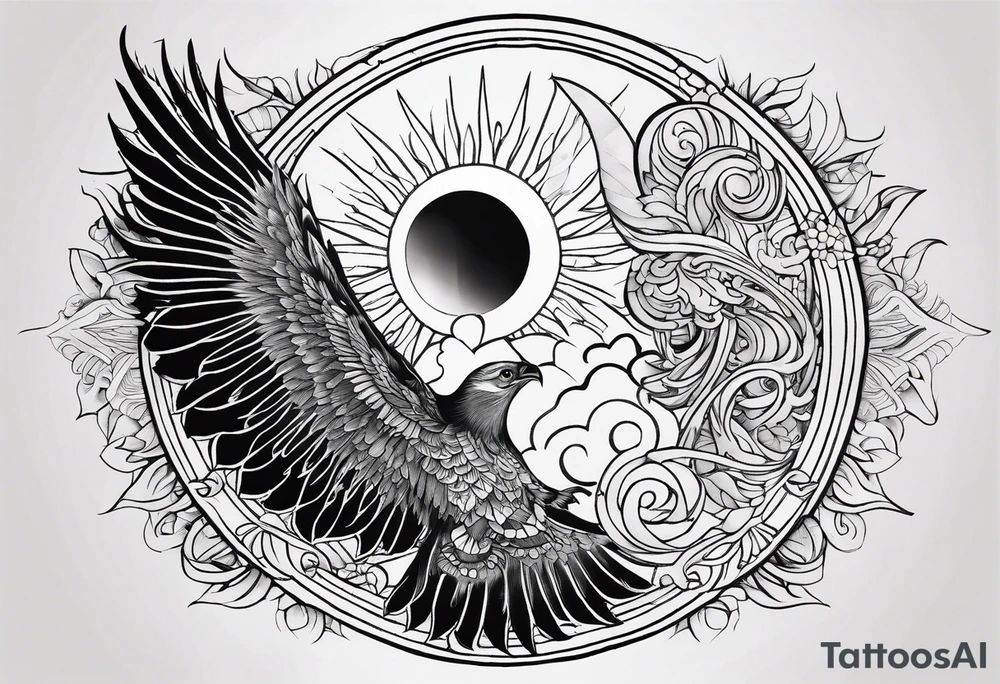 Large sun and moon tattoo that is tall 
Spiritual meaning behind it flowing into a falcon tattoo idea