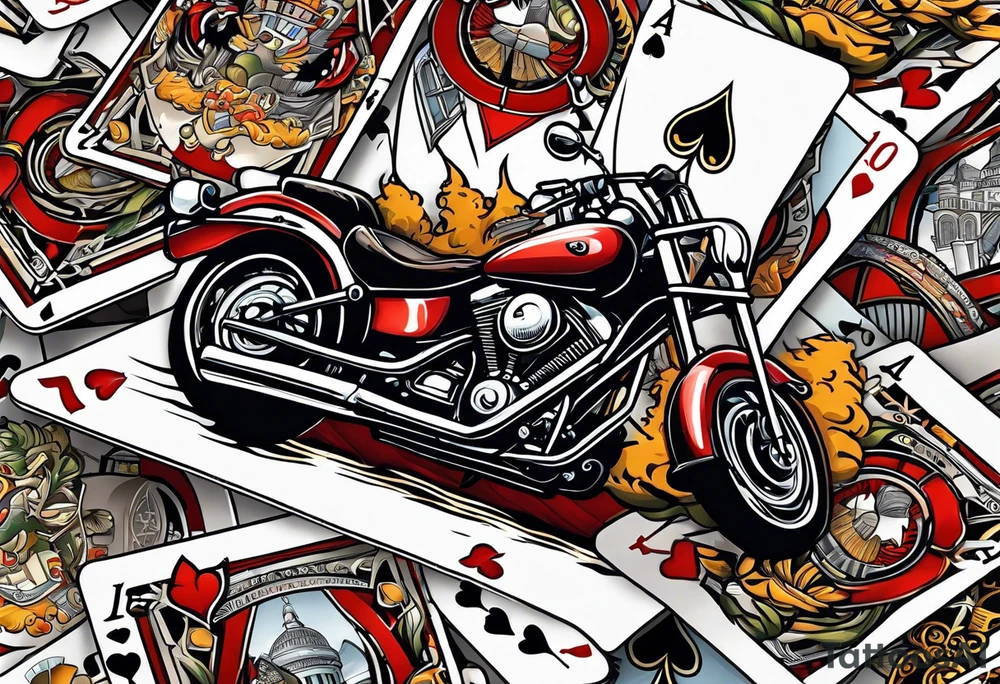 playing cards over a city with a motorcycle on the road tattoo idea