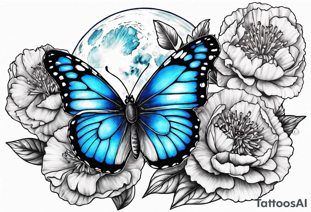 Blue butterfly full moon carnation tattoo idea