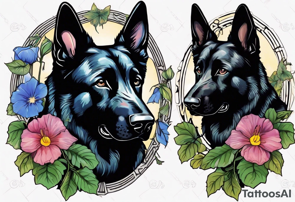 Black German shepherd portrait brightly colored with morning glories tattoo idea