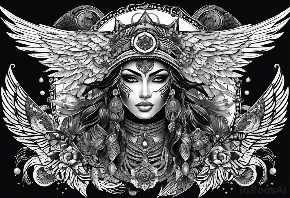 black kali, goddess pirate, alien, pachamama, valkrye, warrior, skull, lotus azul, wing, eagle, zenza resonance, stars, 5D tattoo idea