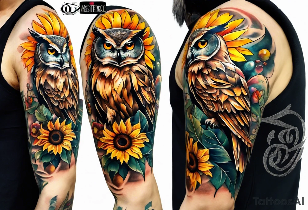 Owl with sunflowers leg sleeve tattoo idea