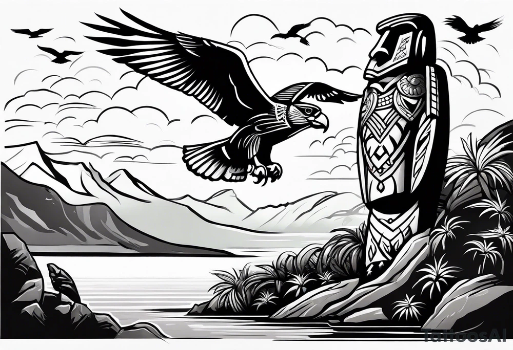 Upper arm piece of Easter island maoi on an island landscape and hawk circling above tattoo idea