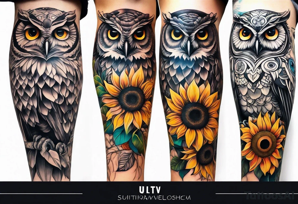Leg sleeve with colorful sunflowers and an owl tattoo idea