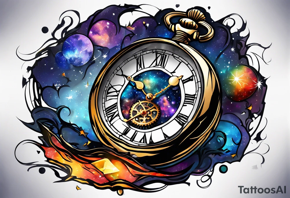 broken pocket watch galaxy shattered 12:00 6/12/2020 "Zee" tattoo idea
