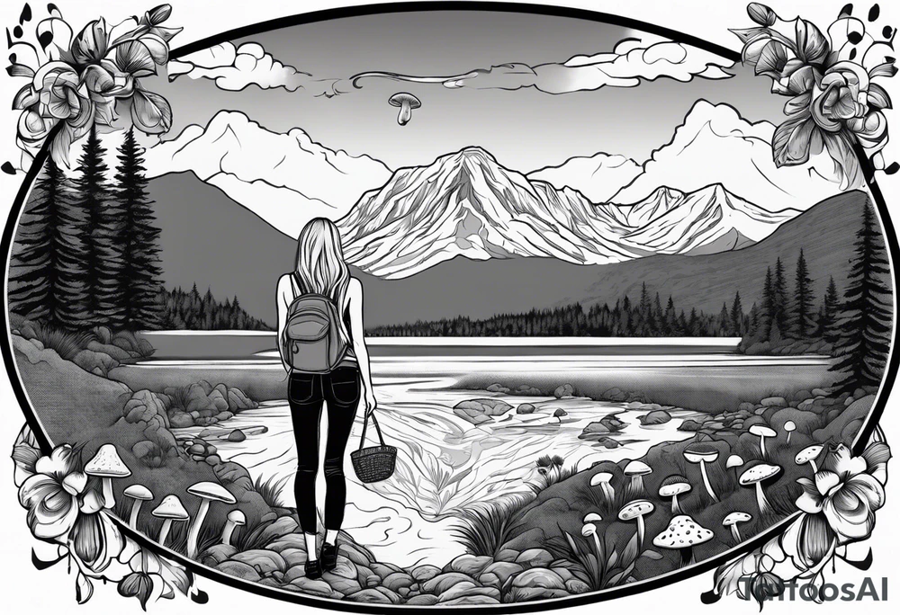 Straight long blonde hair hippie girl in distance holding mushrooms in hand facing away toward mountains and creek surrounded by mushrooms tee shirt and hiking pants; whole rendering within a full circle, no cut off circle tattoo idea