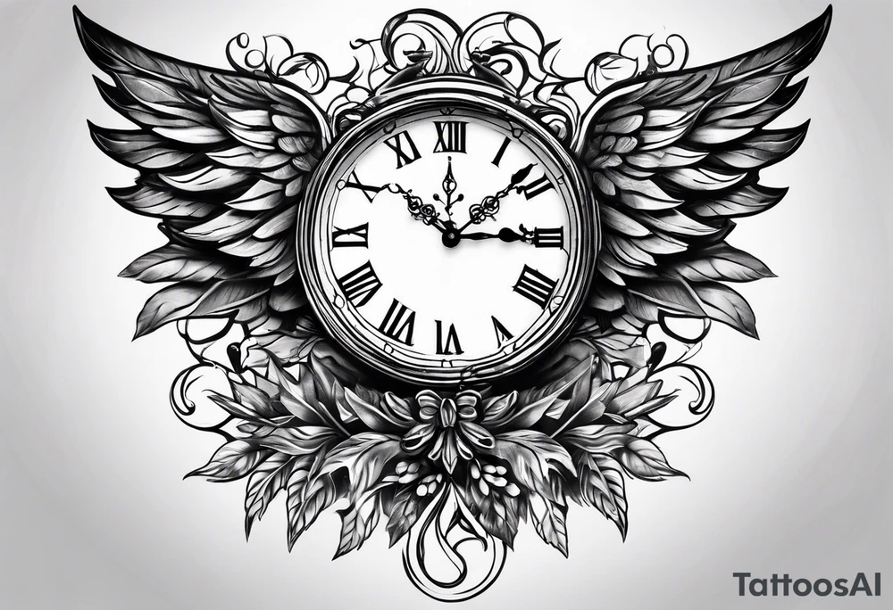 key wings clock leaves tattoo idea