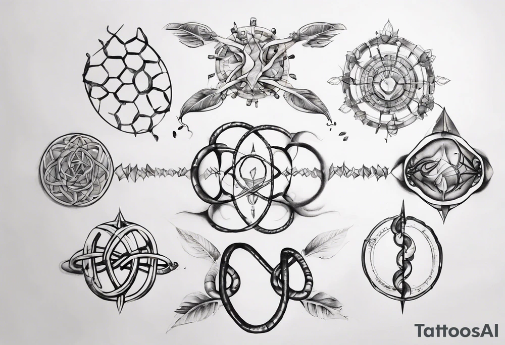 Create a tattoo sketch that visually represents my life journey and the evolution of mindfulness. Consider life as a DNA chain, where each link symbolizes key moments of my development and consciousness. Allow the images to change and transform, reflecting the evolution of my perception and self-understanding over time tattoo idea