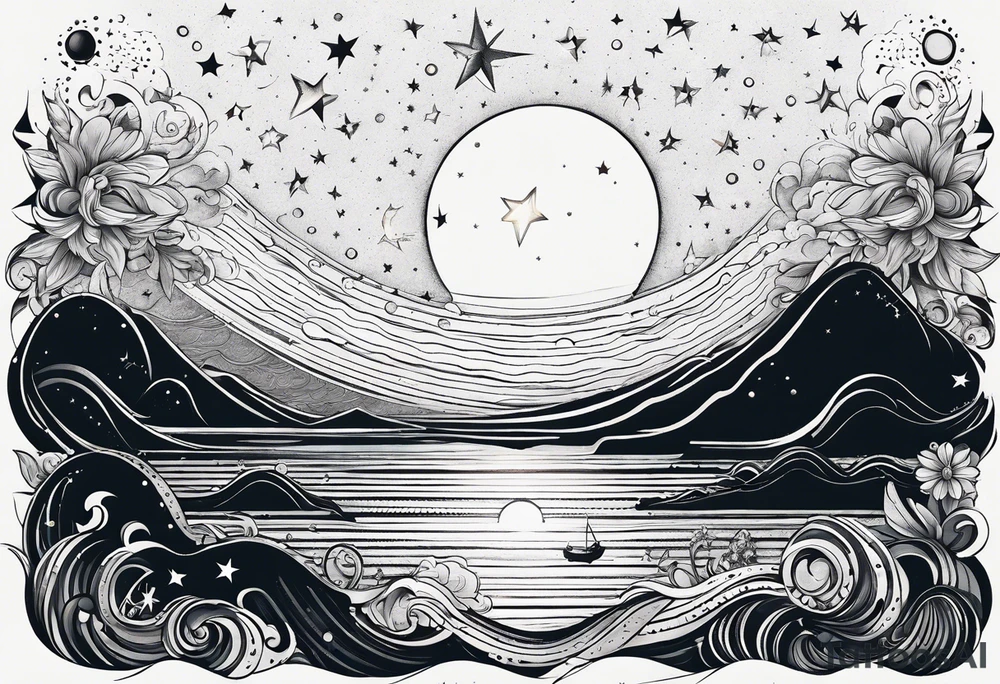 mezcla de sol luna y mar con estrellas brillantes, sin bordes, sencillo, minimalista tattoo idea